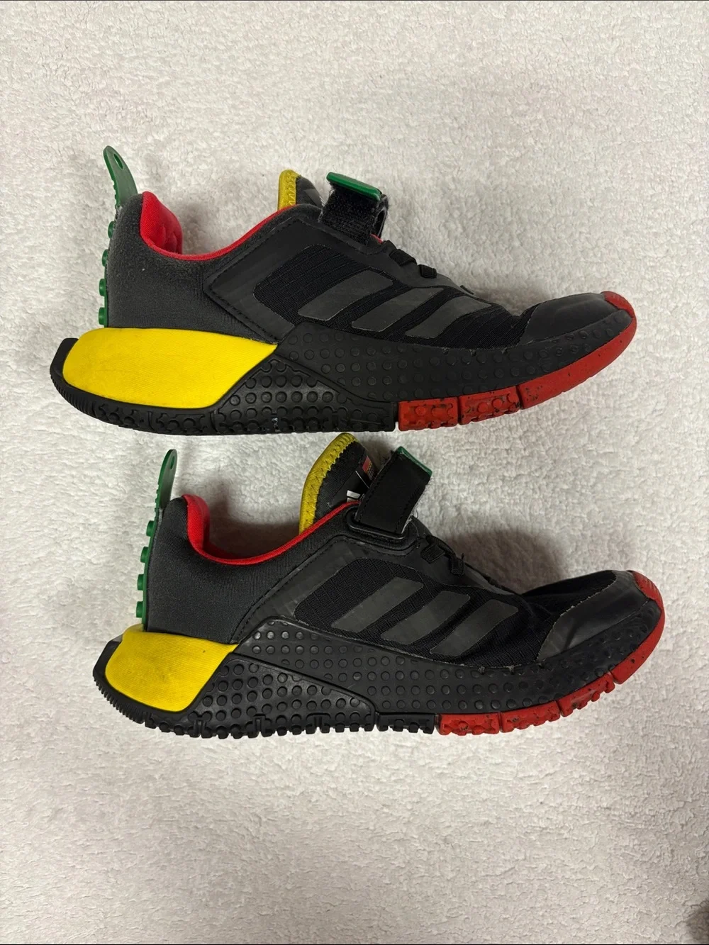 adidas Lego dna Kids Black Sneakers with Red, Yellow Green Accents no tie size 2